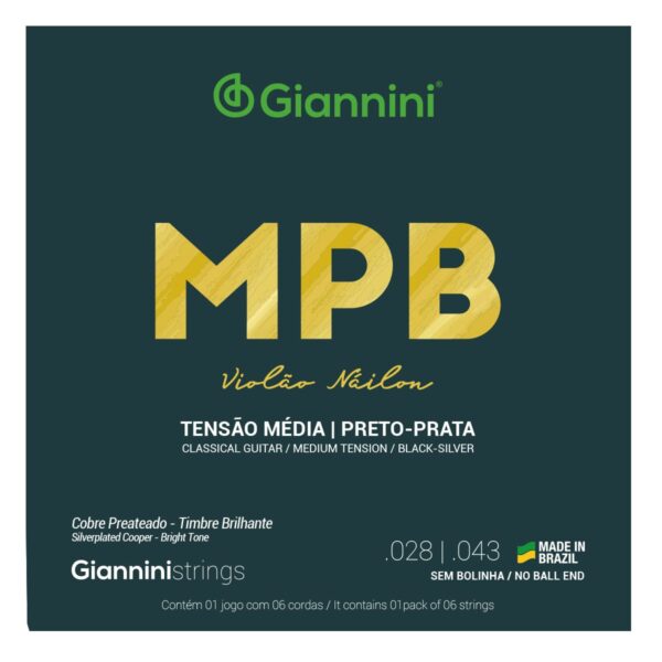 Encordoamento para Violão Náilon 6 cordas Giannini MPB Cobre Prateado GENWBS Preto-Prata Média