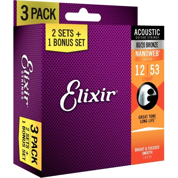 Encordoamento Violão Elixir 012-053 Light Bronze 80/20 Nanoweb 16539 - Pack com 3 unidades
